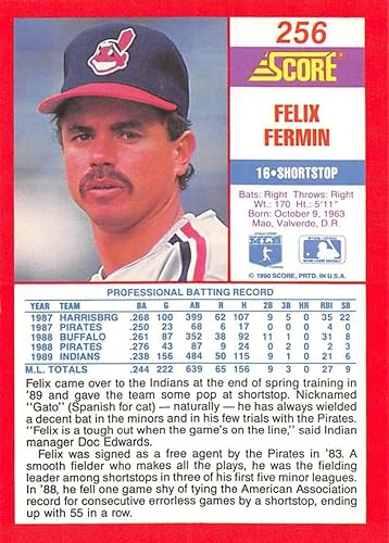 Miniatura 2 de 1990 Score #256 Felix Fermin Cleveland Indians Baseball NM-MT