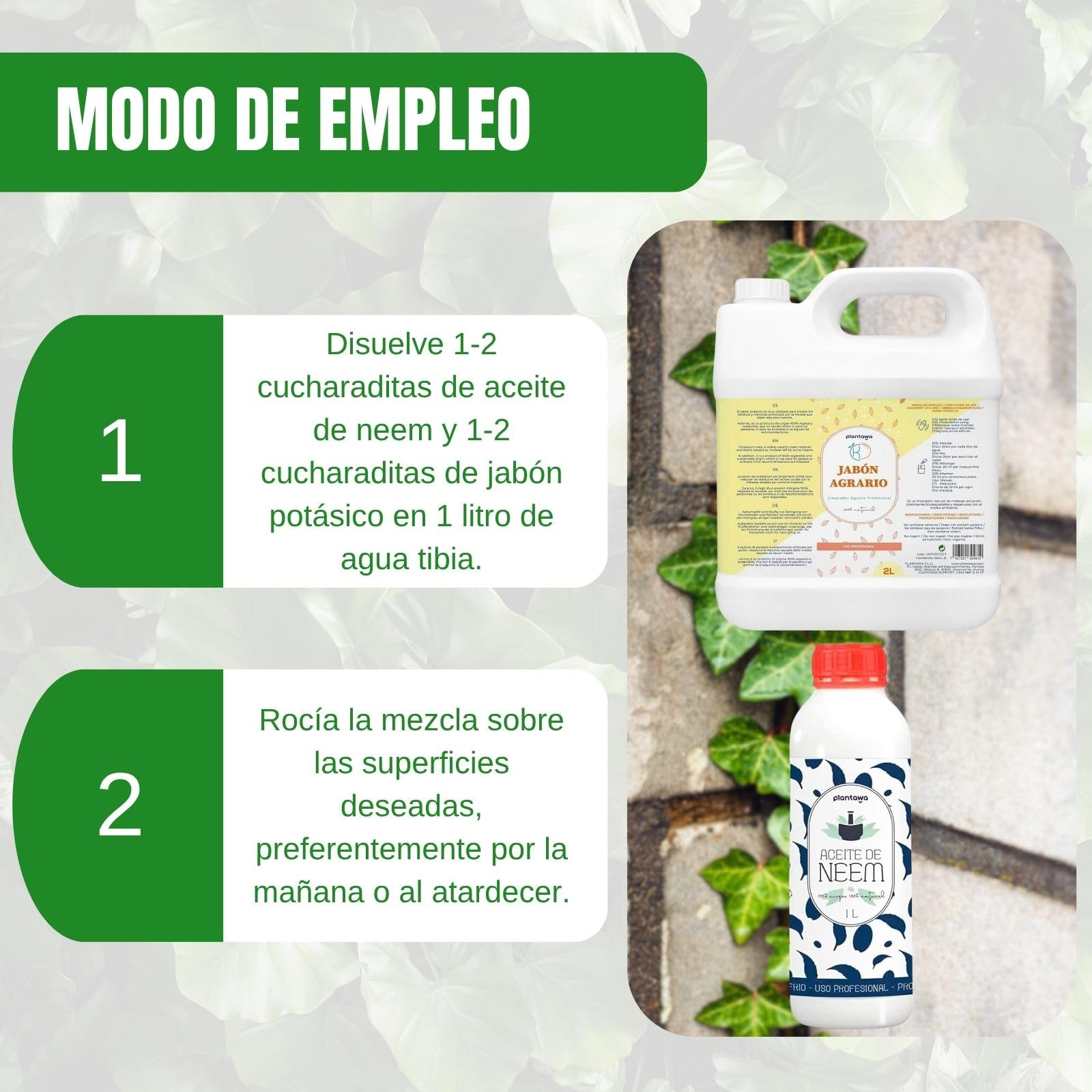 PLANTAWA Pack Ahorro Jabón Potásico 2L + Aceite de Neem 1L | Solución Multiusos | Fácil Aplicación y Máxima Eficacia | Versátil | Uso en Interior y Exterior | Productos de origen natural