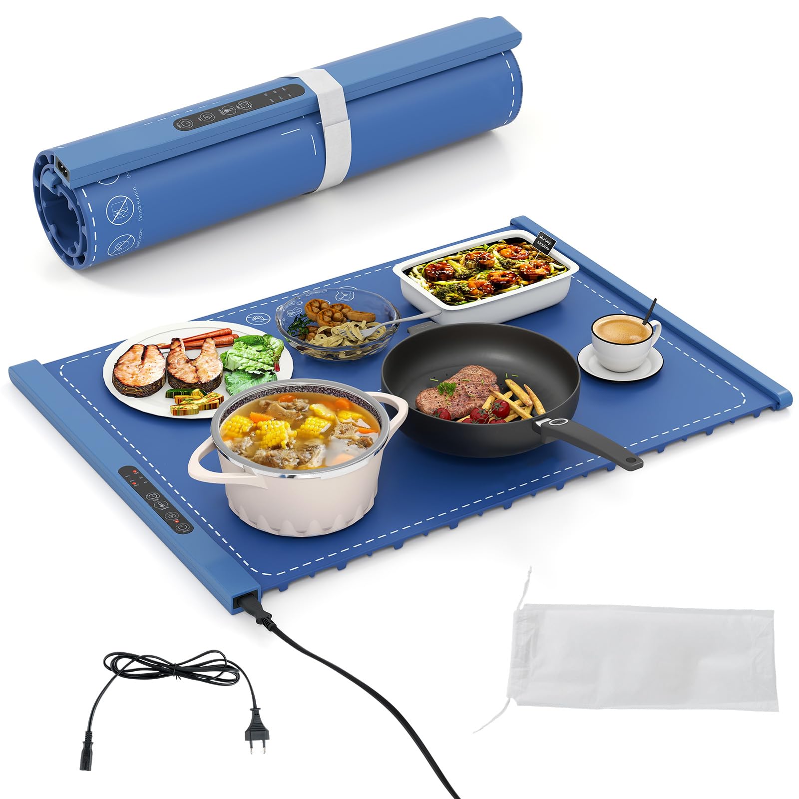 RELAX4LIFE Tappetino Riscaldante per Alimenti, Scaldavivande Elettrico Arrotolabile in Silicone, con Tempo e Temperature Regolabili, Cinturino Autobloccante, per Scongelamento (60 x 44cm,Blu)