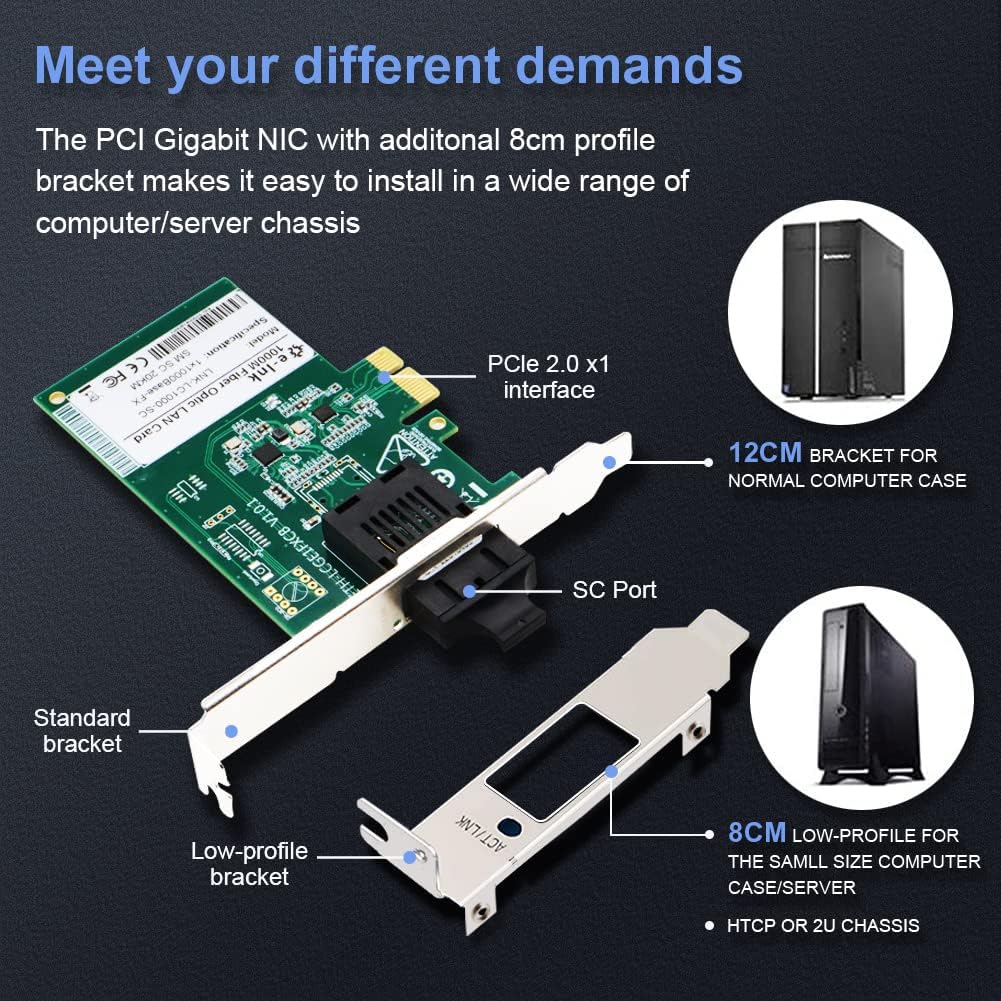 Gigabit Fiber Network Card NIC - SC Port 1000Mbps PCI Express Ethernet LAN Adapter Compatible with Windows Server/Windows/Linux/Vista, 20KM Over Duplex Fiber SMF Converged Network Adapter