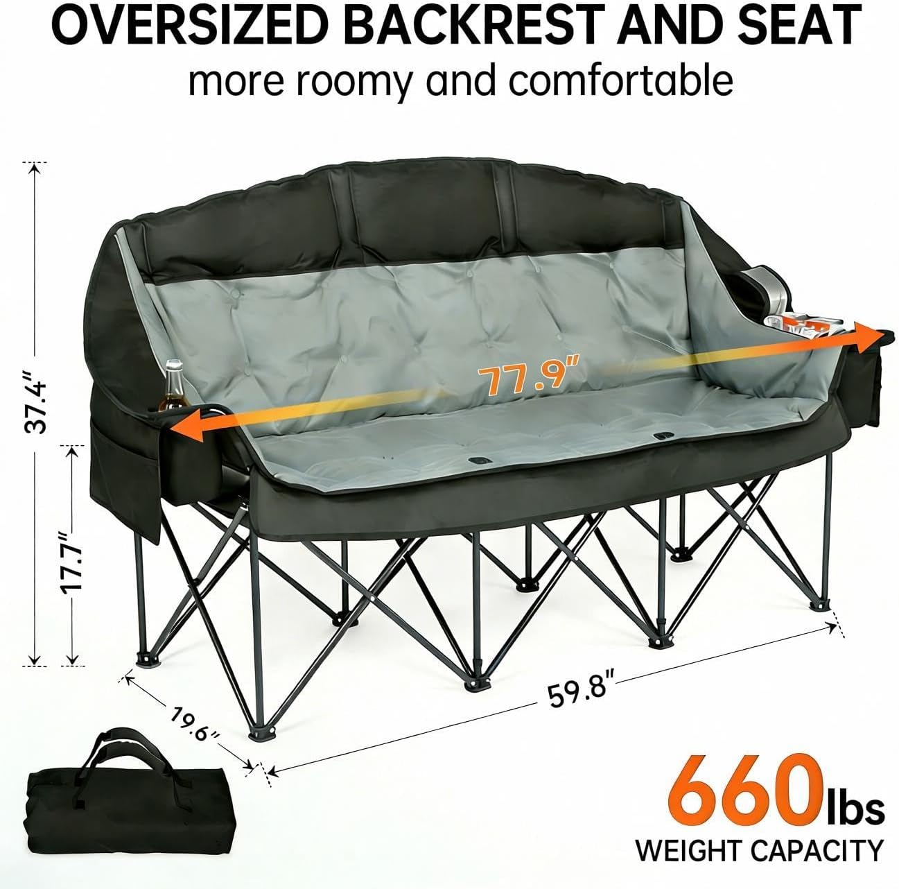 3 Person Camping Chair for Adults Padded Folding Double Camping Chair Oversized Heavy Duty Camping Loveseat with Cup Holders & Carry Bag, Portable Outdoor Lawn Chair for Beach, Backyard Black & Grey