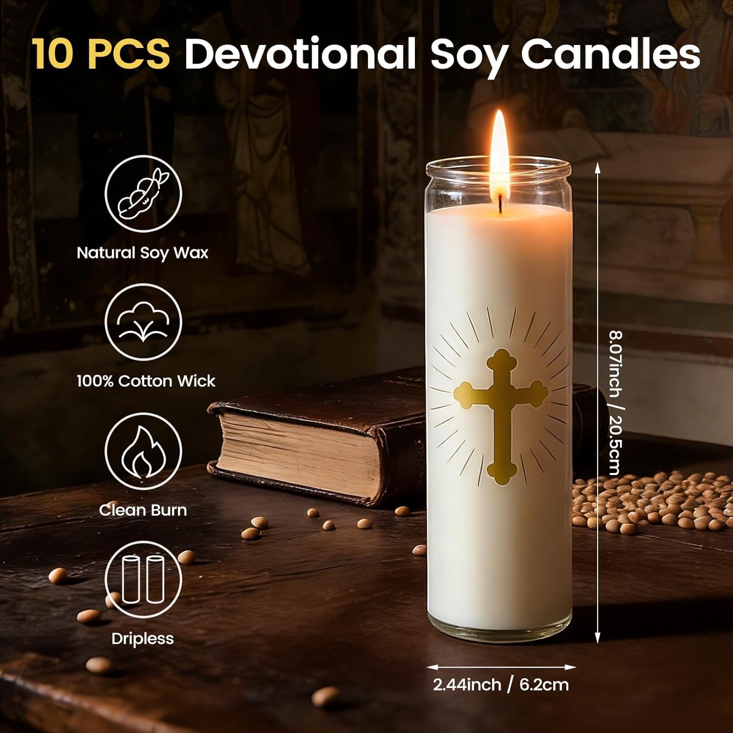 10 Pcs Natural Soy Wax Prayer Candles 7 Day Devotional Candle in Glass 100 Hours Long Burn Time Religious Catholic Christian Spiritual Decor for Memorials Vigil Church Home Altar Bless Novena