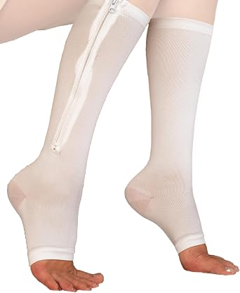 5 STAR SUPER DEALS Zipper Compression Socks - Open Toe Knee High Graduated Pressure Support Hose for Improved Leg Circulation - Unisex - White 2x-Large Size