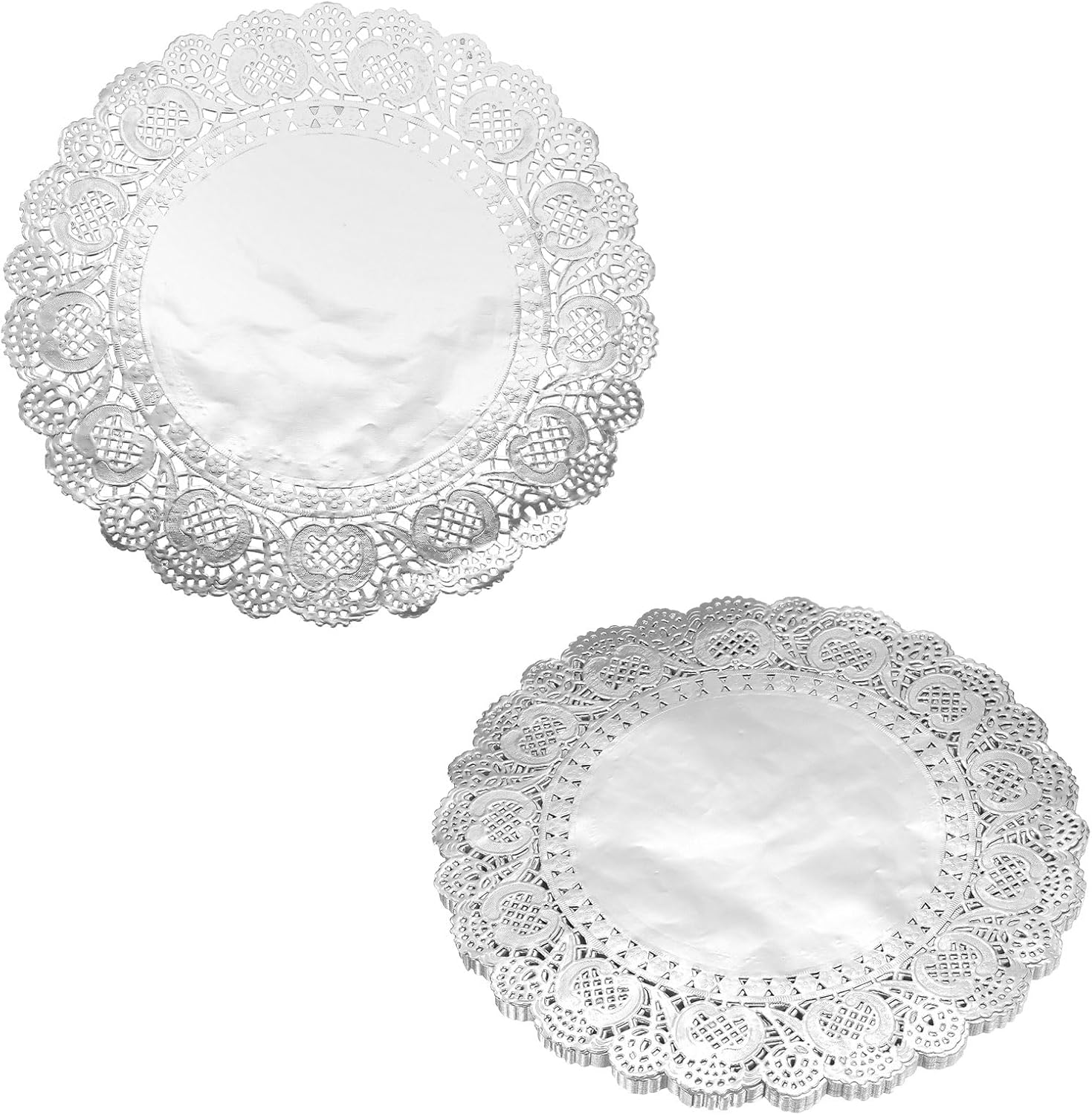 HARFINGTON 100pcs Lace Paper Doilies 12 Inch Silver Round Disposable Decorative Paper Placemats Hollow Flower Absorbing Papers for Cakes Desserts Food Decoration Wedding Birthday