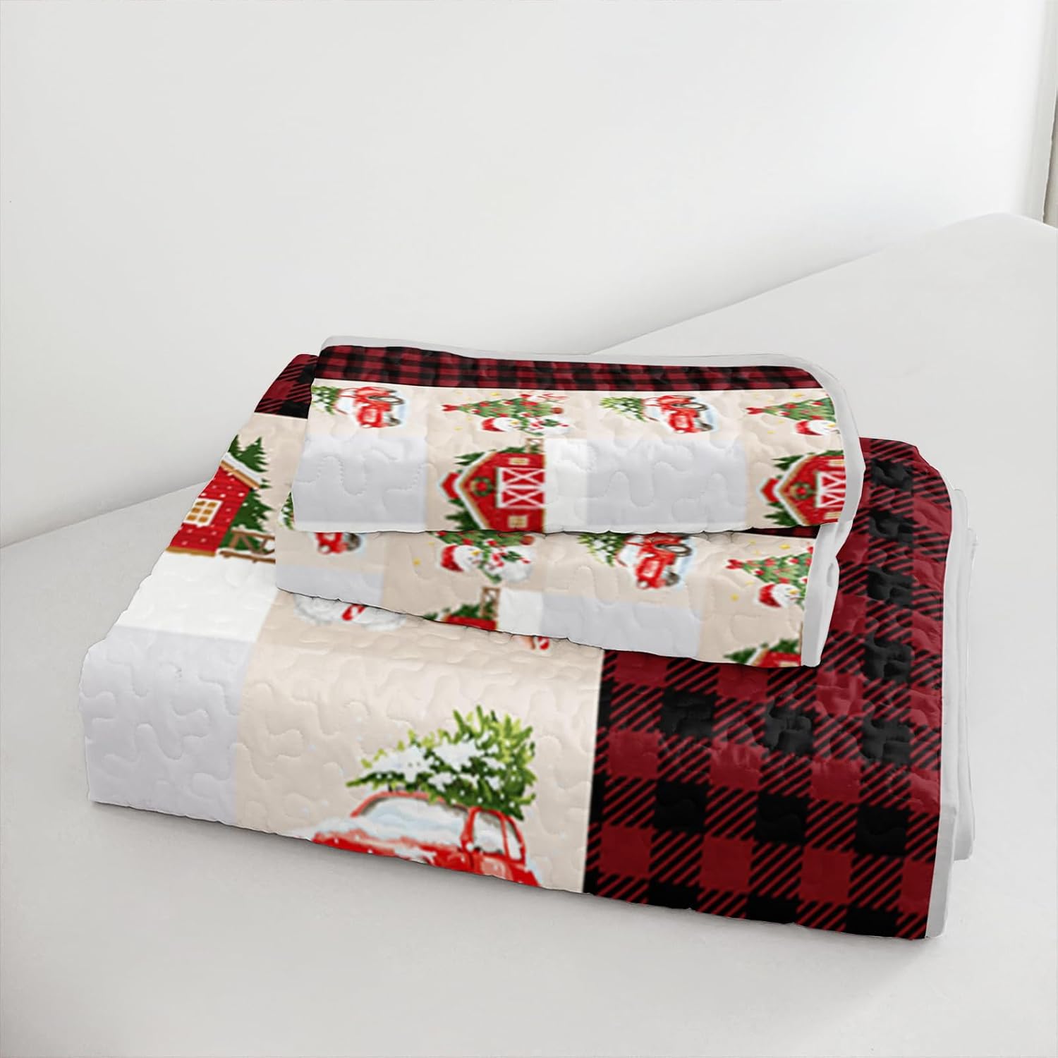 QOOMO 3 Piece Christmas Quilt Set, Rustic Lodge Snowflake Quilt Bedspread Throw Blanket Lightweight Bedspread Coverlet Bedding Set King Size
