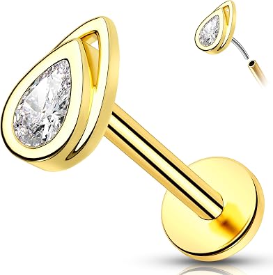 Melighting 14K Solid Gold Flat Back Earring Titanium Teardrop Threadless Earring 16G 18G Gold Cartilage Earring Tragus Piercing Jewelry Gold Helix Earring for Women