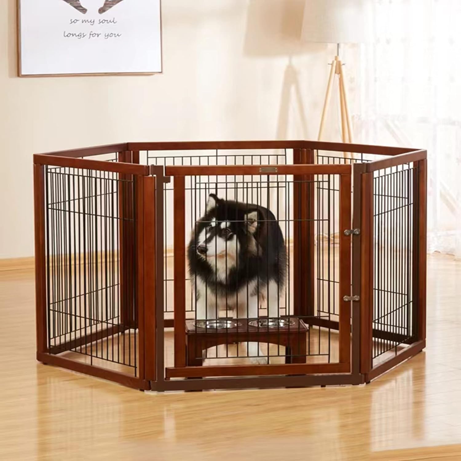 Gated Pet Freestanding Dog Gate, Wooden Dog Playpen, Foldable, Pet Safety Fence for Doorways, Stairs and Kitchen (C)