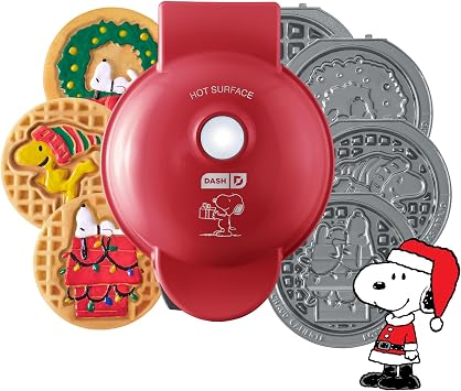 Peanuts x Dash Snoopy Holiday MultiMaker Mini Waffle Maker, Ceramic, Red | Festive Waffles Kids Love; Removable Plates Make Doghouse Snoopy, Wreath, Woodstock, and Classic for Winter Holidays