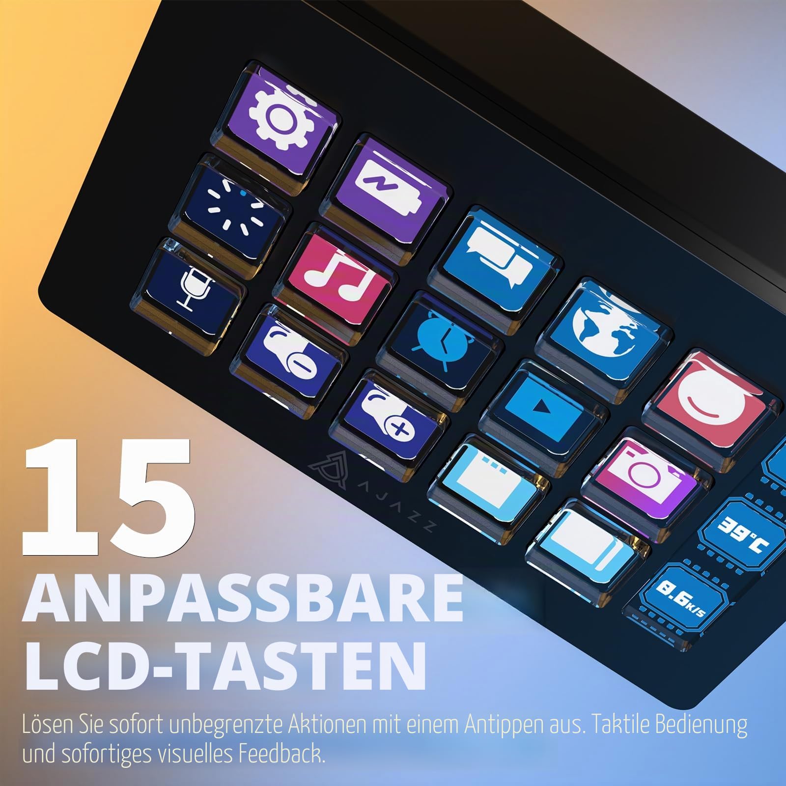 A.JAZZ AKP153 Stream-Studio-Controller, Stream-Deck-Typ-C, kabelgebunden, mit 15 Makro-LCD-Tasten, 1 seitlichem Bildschirm, abnehmbarer Ständer für Multi-Aktionen, ausgelöst in Win, Mac, Twitter