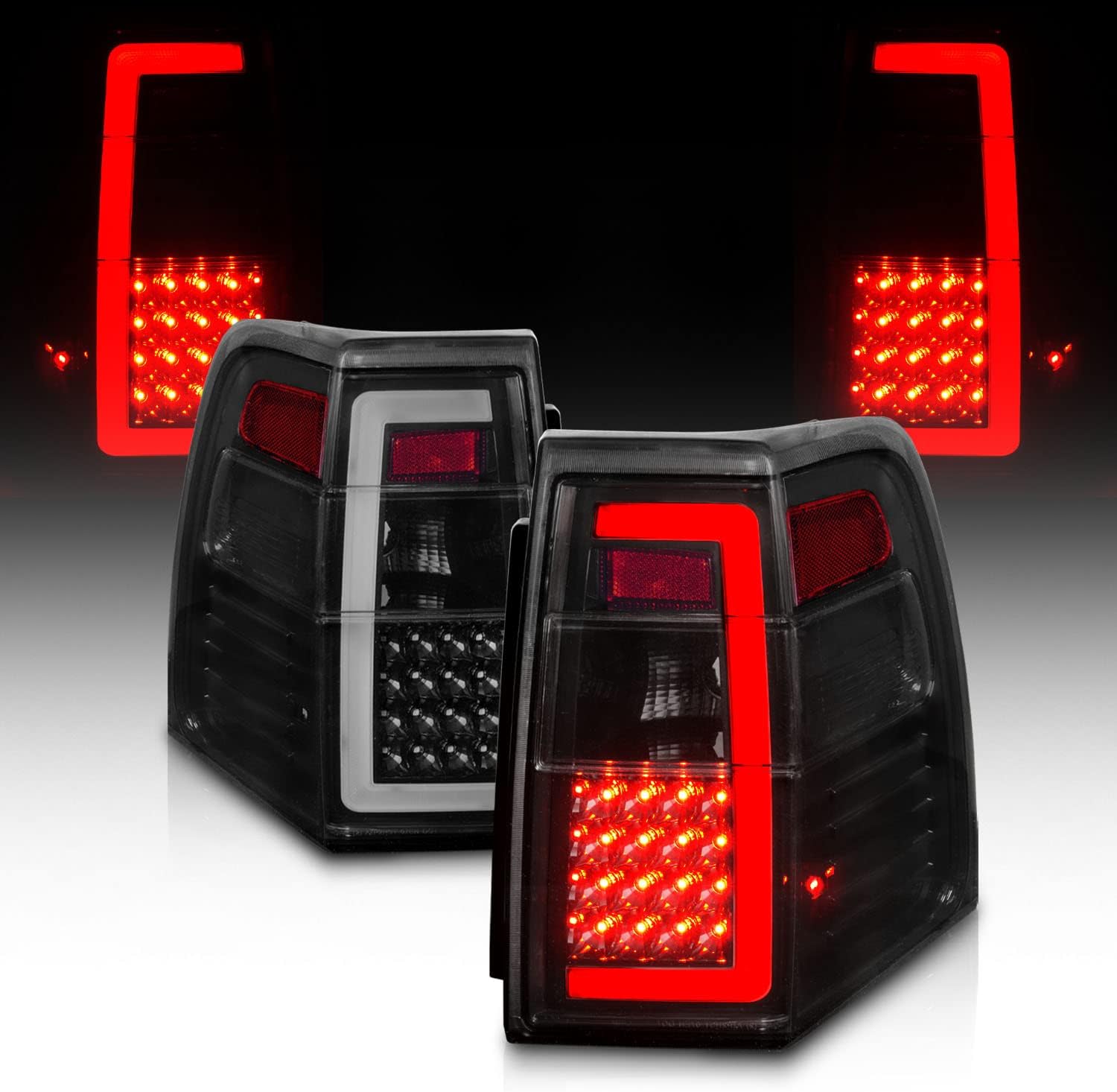 AmeriLite for 2007-2017 Ford Expedition [Full LED] C-Type Tube Sequential Siganl Smoke Black Replacement Tail Lights Set - Passenger and Driver Side