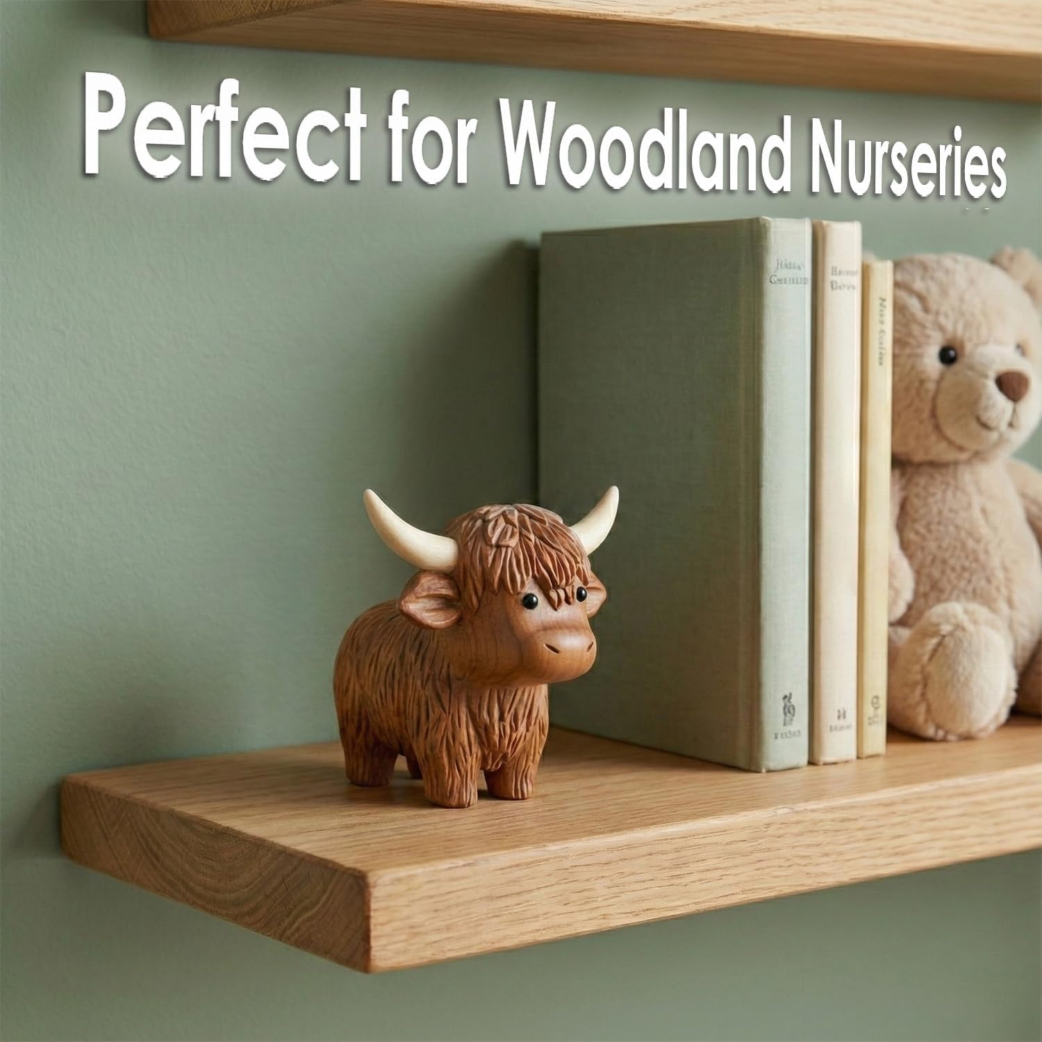 Hand Carved Solid Wood Highland Cow Figurine (3.5") - Rustic Farmhouse Decor for Tiered Tray, Shelf, Nursery - Cute Scottish Coo Wooden Statue - Unique Artisan Gift for Women