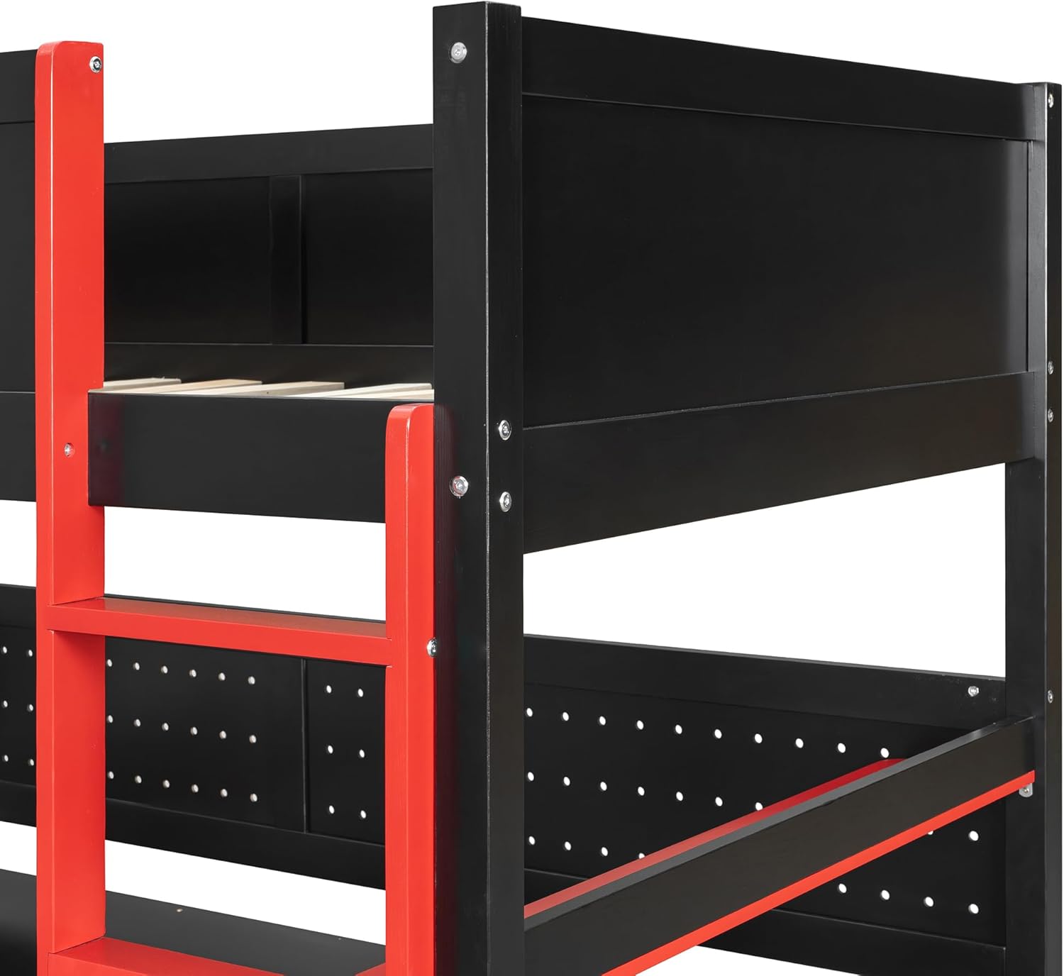 RUNNA Twin Size Wooden Gaming Loft Bed with Storage Stairs, Desk, Shelves & Pegboard, Space-Saving Esports Style for Teens & Adults (Black+Red-2)