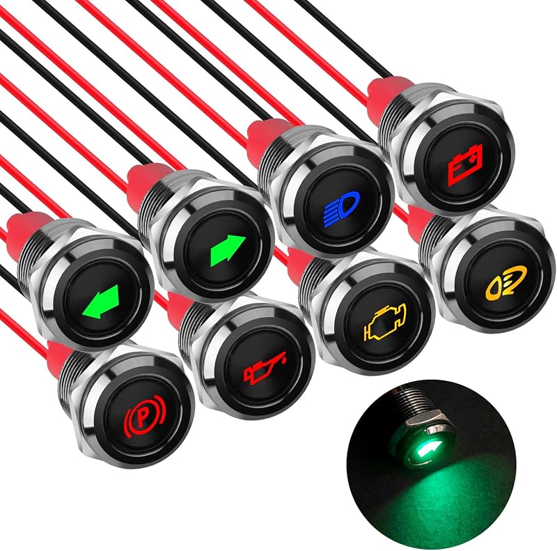 Linkstyle 8 luces indicadoras LED de 12 V, lámparas de panel de tablero impermeables de 12 mm | Recorte de panel de 12 mm, 8 símbolos en el tablero, 12 V/24 V CC, carcasa de metal IP65, cables de 150 mm 24 AWG, uso en automóviles, camiones, vehículos recreativos, vehículos todo terreno, barcos