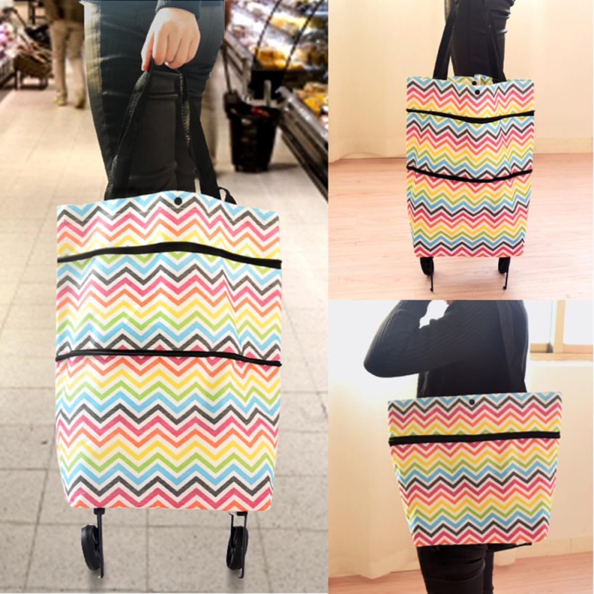 Foldable Shopping Bag with Wheels Oxford Cloth Large Capacity
