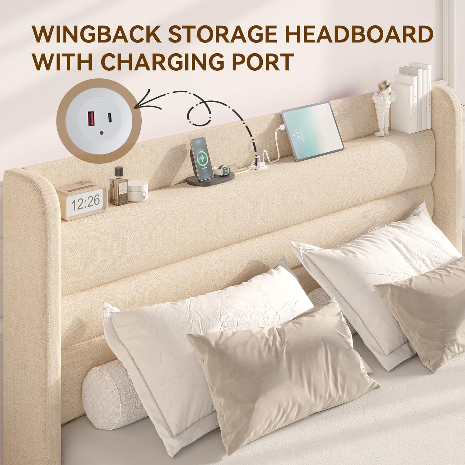 Flolinda Queen Bed Frame with Type-C & USB Ports Upholstered Platform Bed Frame with Wingback Shelf Beige