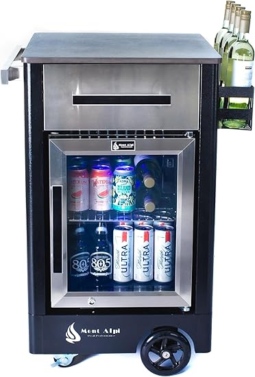 Mont Alpi MAPCM Outdoor Bar Patio Kitchen Island Table Mobile Barbecue Grill Bar Prep Cart Stand with Ceramic Top Counter + Wine Holder with Stainless Steel Cabinets & Compact Refrigerator