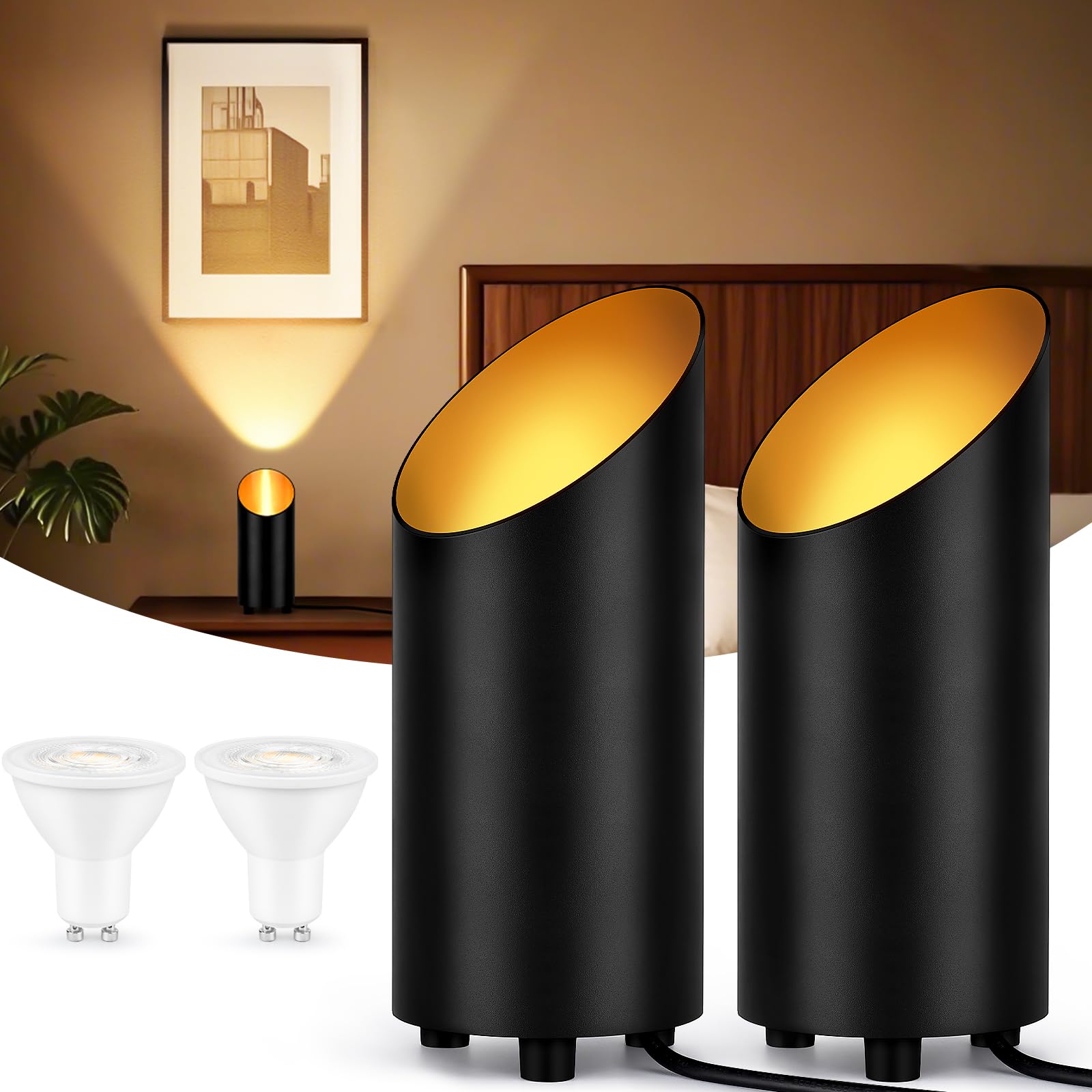 GeyouLux LED Uplight Spot Bodenstrahler IP44 Wasserdicht 6W 600LM Aluminium Bodenlampe Innen, Bodenleuchte mit Fußschalter zur Indirekte Beleuchtung, inkl. GU10 Lampe 2700K Warmweiß 2er Set Schwarz