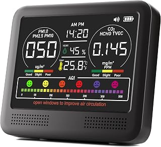 SpeedBoost 16-in-1 Air Quality Monitor: PM1.0, PM2.5, PM10, CO2, HCHO, TVOC, Temp, Humidity & AQI Alarms for Home Office (Shining Black)