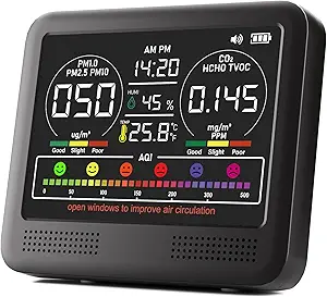 16-in-1 Indoor Air Quality Monitor with PM1.0, PM2.5, PM10, CO2, HCHO, TVOC, Temperature, Humidity, and AQI Alarms - Shinning Black
