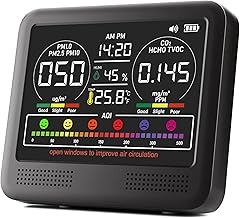 16-in-1 Indoor Air Quality Monitor with PM1.0,PM2.5,PM10,CO2,HCHO,TVOC,Temperature,Humidity,Time Display &7 AQI Alarms – Professional Air Quality Tester for Home, Office & Indoor Use (Shinning Black)