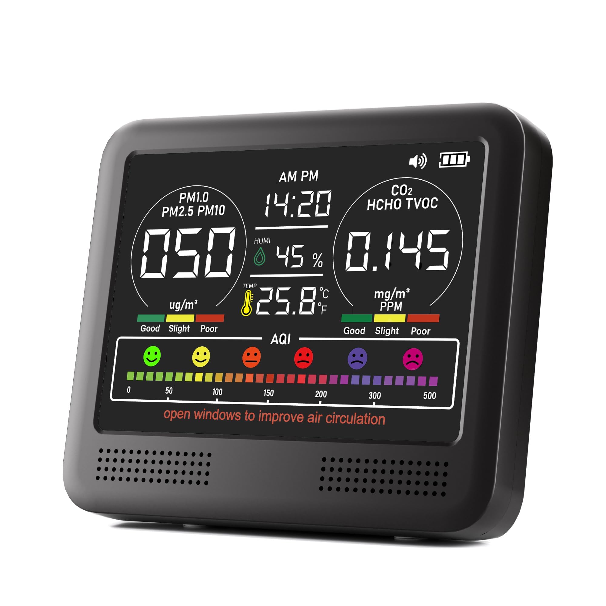 16-in-1 Indoor Air Quality Monitor with PM1.0,PM2.5,PM10,CO2,HCHO,TVOC,Temperature,Humidity,Time Display &amp;7 AQI Alarms – Professional Air Quality Tester for Home, Office &amp; Indoor Use (Shinning Black)