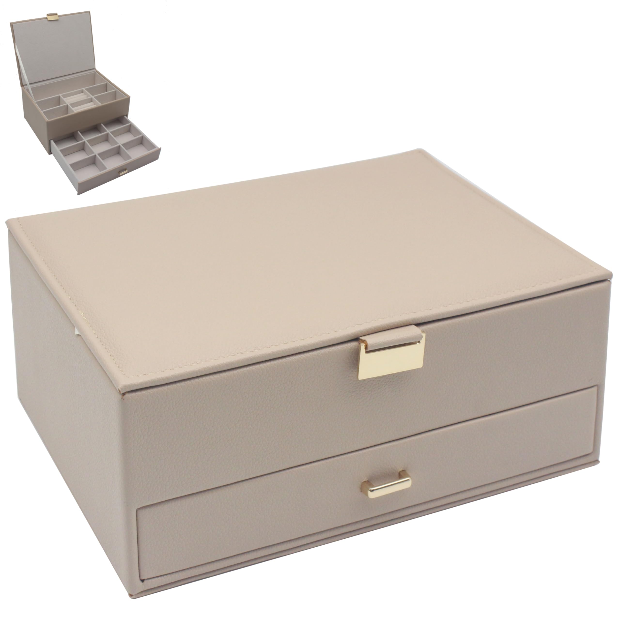 L & P Home & Gifts Beauty Box Jewellery Box With Drawer Beige Faux Leather for Women | Lockable Jewellery Storage Box Organiser for Travel and Daily Use | Any Occasion or Birthday Gifts for Women