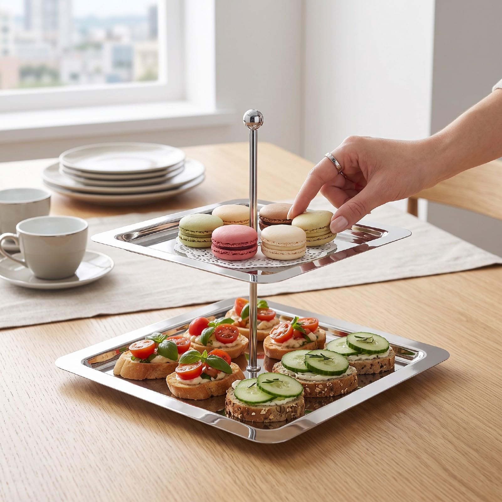 Qcwwy Soporte de Postres de 2 Niveles, Acero Inoxidable, Bandeja de Servir