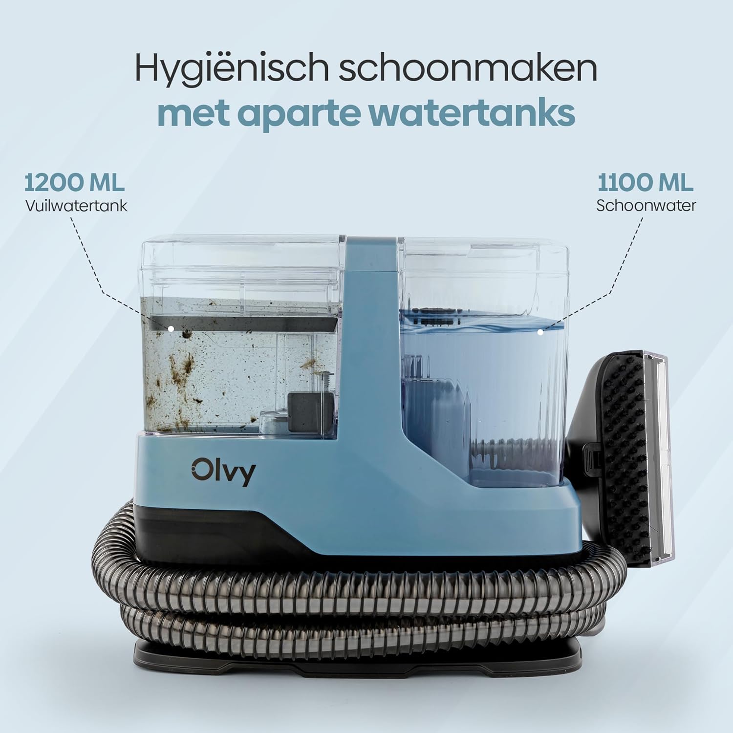 Olvy Tapijtreiniger PRO 2.0 showing separate clean and dirty water tanks