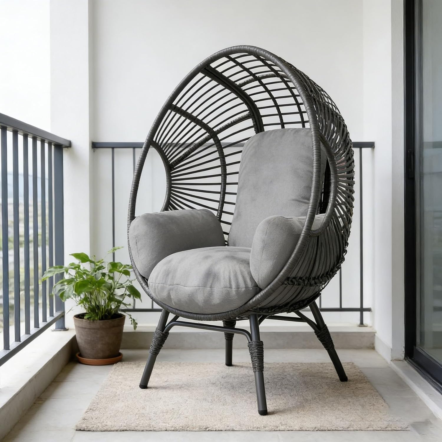 Wicker Chair Egg Style, 400lbs Capacity, Indoor Outdoor, 8-Inch Plush Cushion Balcony Chairs(Natural)