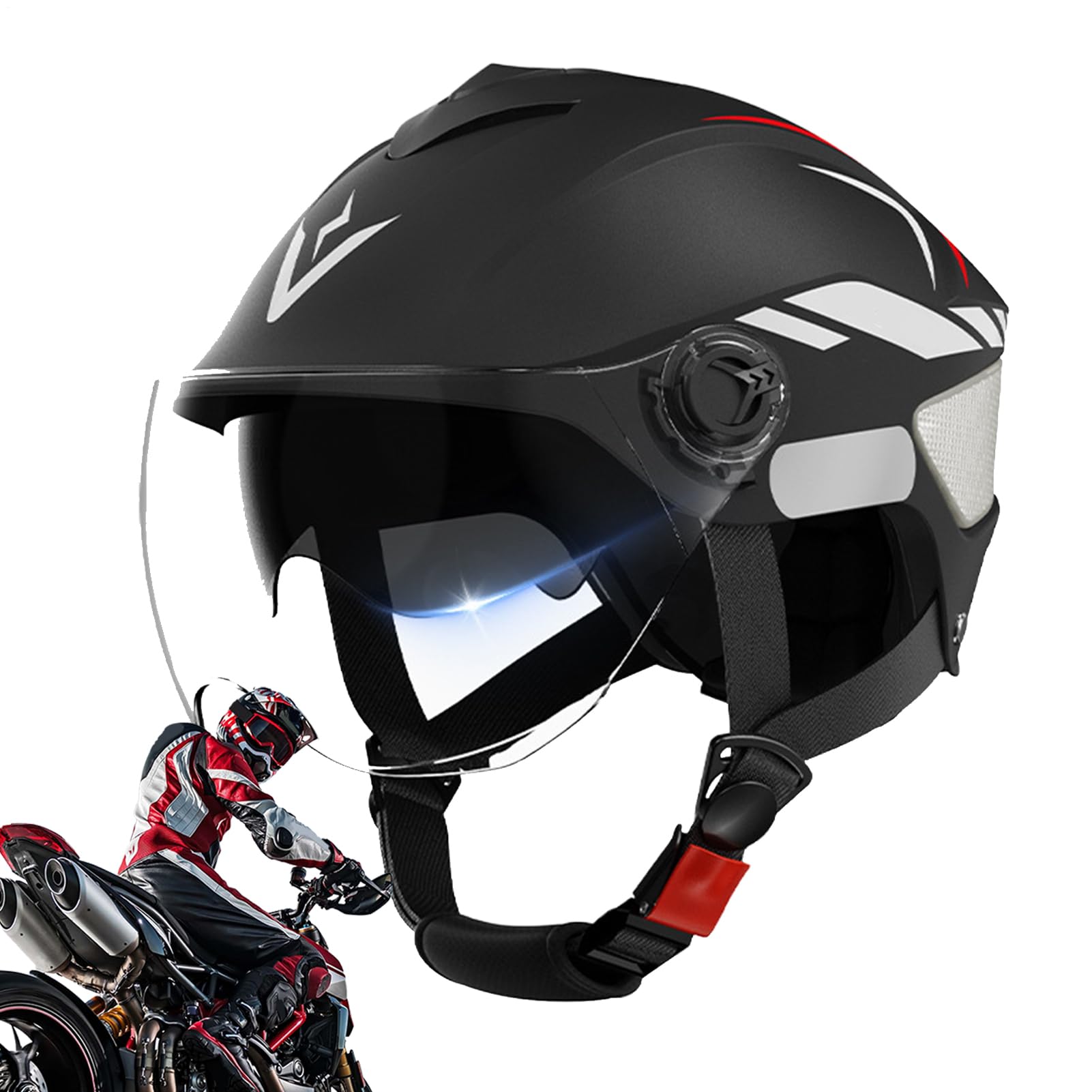 Motorcycle Headgear, Double Visor Scooter Helmet Adult, 21.25x24.01 Inches Adjustable Fit Riding Gear & UV Block Design, Hard Shell Hat for Wife, Husband, Son, Family, Men, Friends