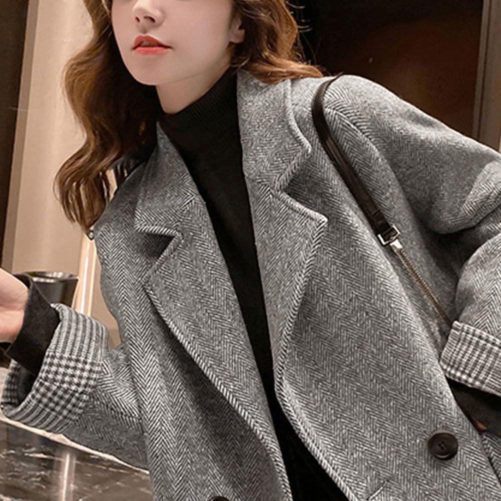 chouyatou Women's Double Breasted Herringbone Wool Blazer Jacket Notched Lapel Work Casual Wool Blend Pea Coat Overcoat - Image 5