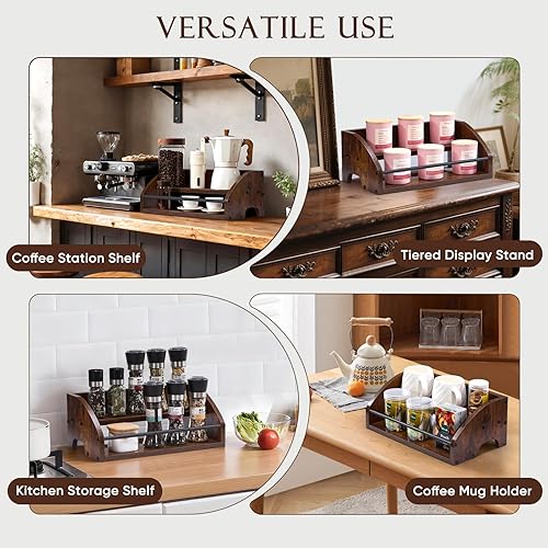 Miniatura 4 de Estante de exhibición de madera para botellas de licor, estante de vino de licor de 2 escalones, organizador de jarabe de café, mini bar para el