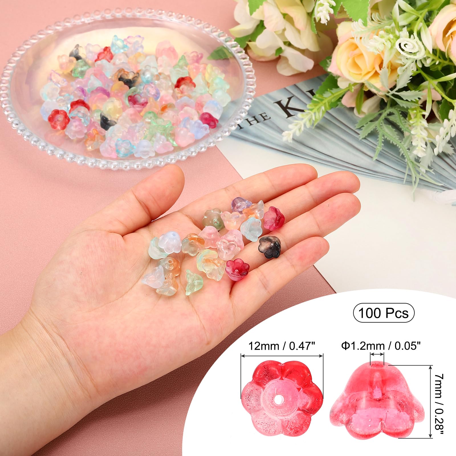 PATIKIL Glass Trumpet Flower Beads, 100 Pcs Gradient Flower Bead Charm for DIY Craft Decorations Red - Image 2