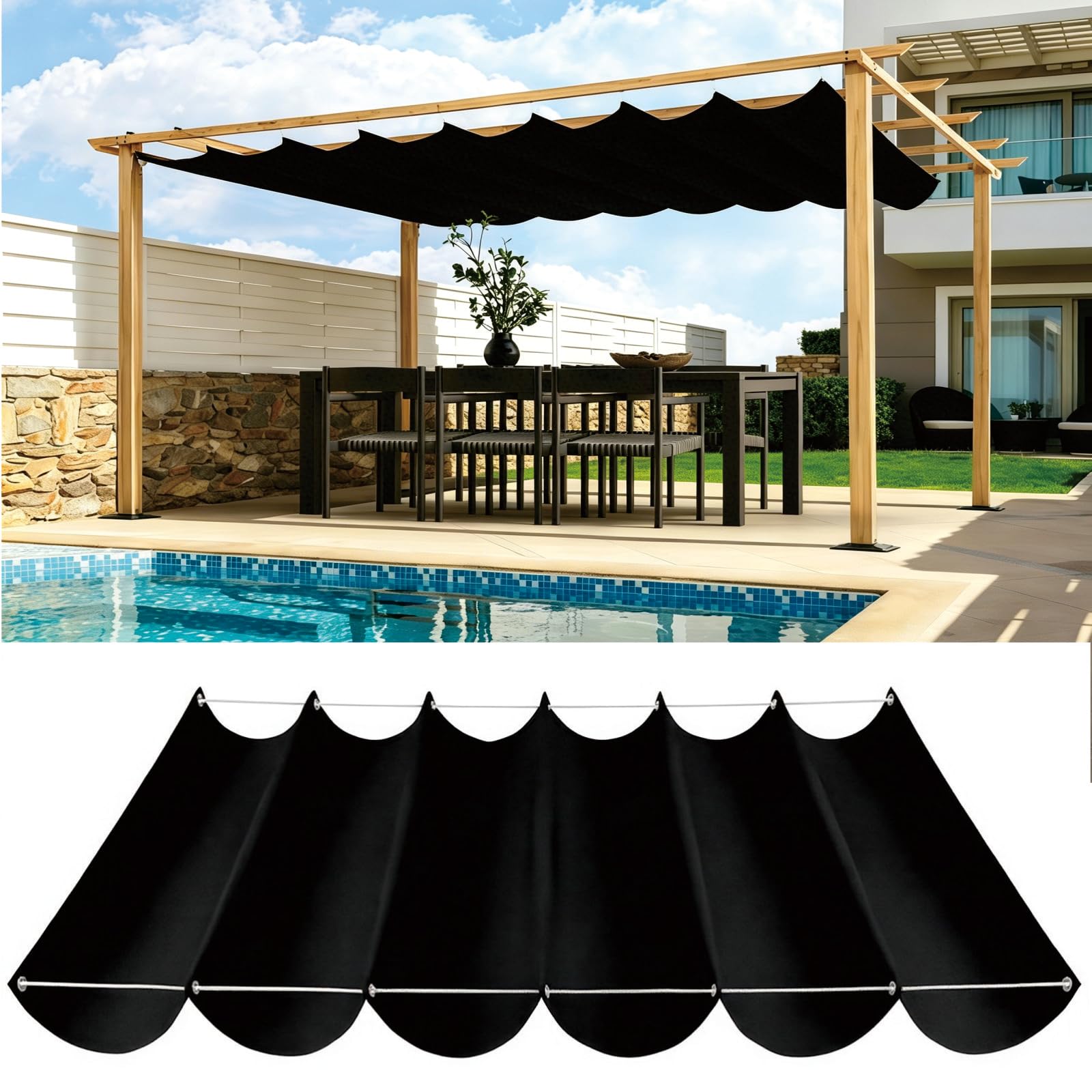 Auvent ondulé noir pour créer une ombre fraîche sur votre grand patio