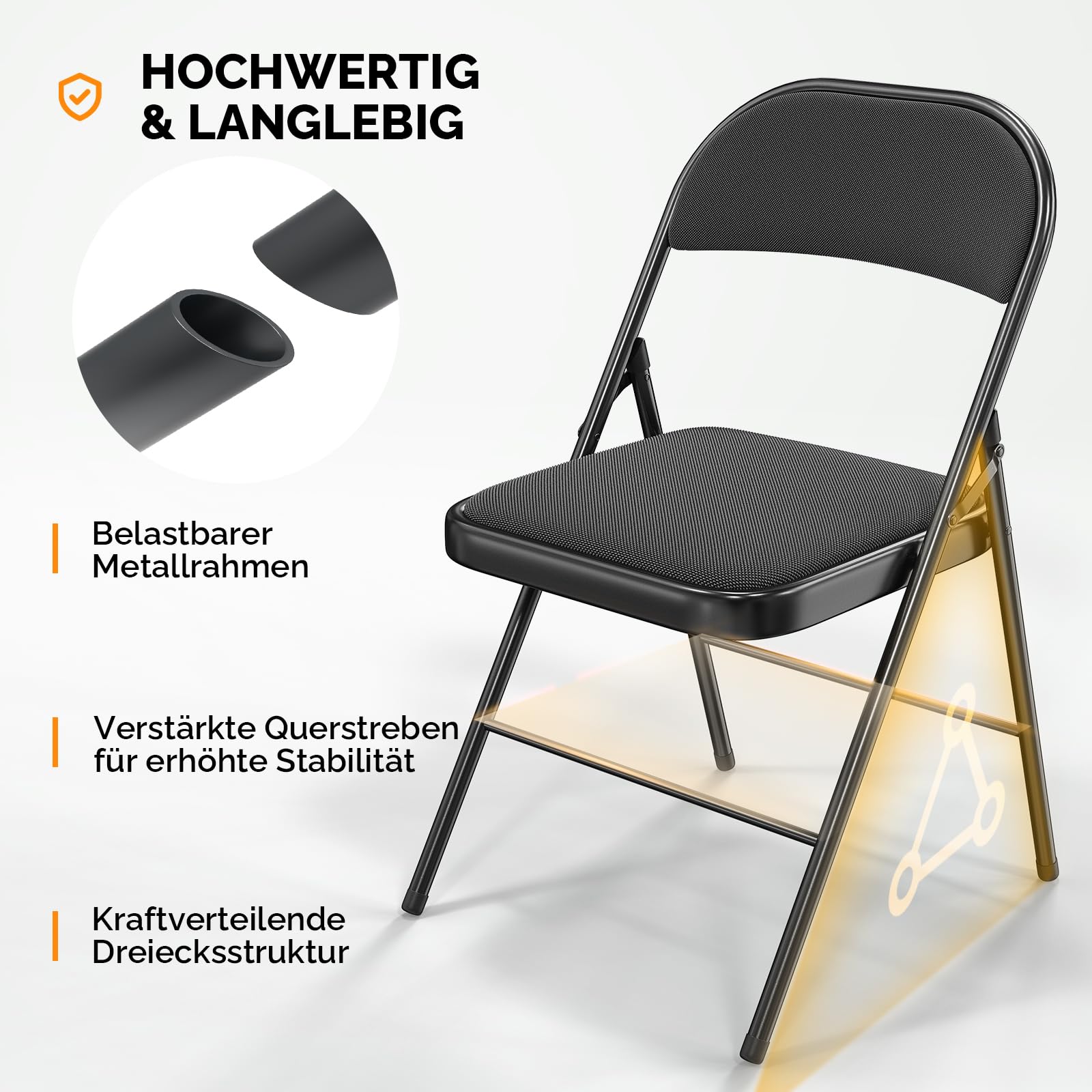 Bonnlo Klappstuhl 6er Set Stahl Stoff Gepolsterte Klappstühle Stabiler Stahlrahmen bis 159 kg Faltbarer Stuhl Schwarz