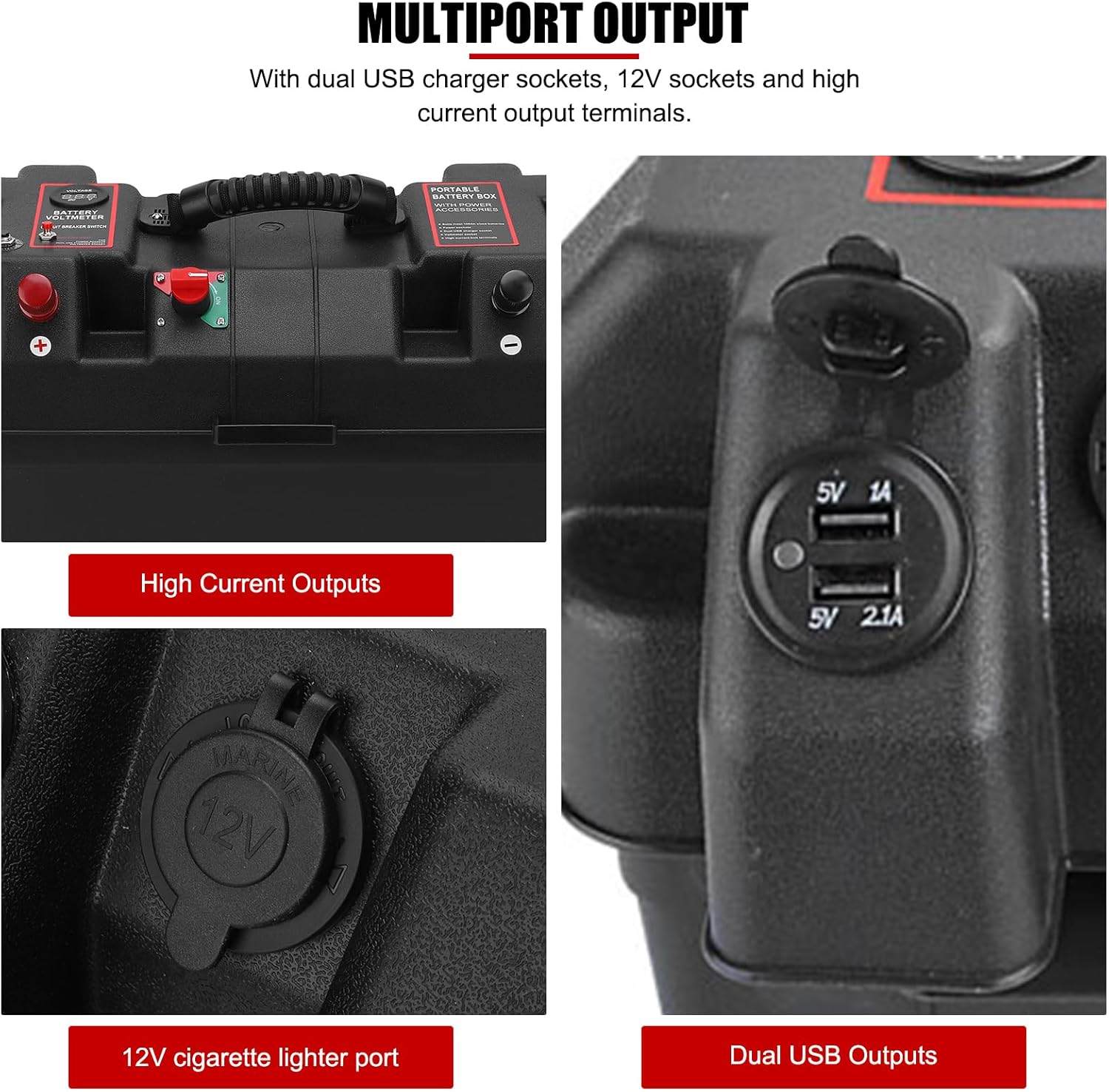 EVTSCAN 12V Automotive Waterproof Portable Battery Box, with USB Ports and Voltmeter, for Electric Vehicle RV Boat Caravans and Motorhomes, Power Emergency Backup for Outdoor Camping, Fishing Trips