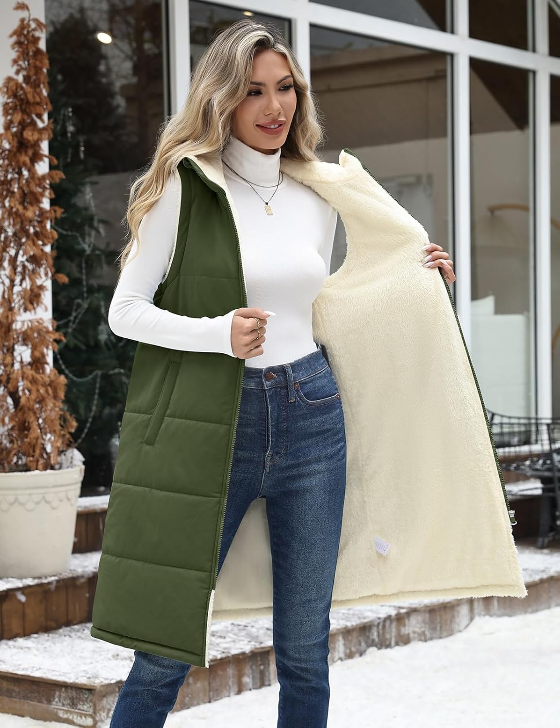 Womens Long Fleece Vest Sleeveless Zip Vest Sherpa Quilted Jacket Trendy Warm Fall Winter Coat Outerwear 2025 - Image 3
