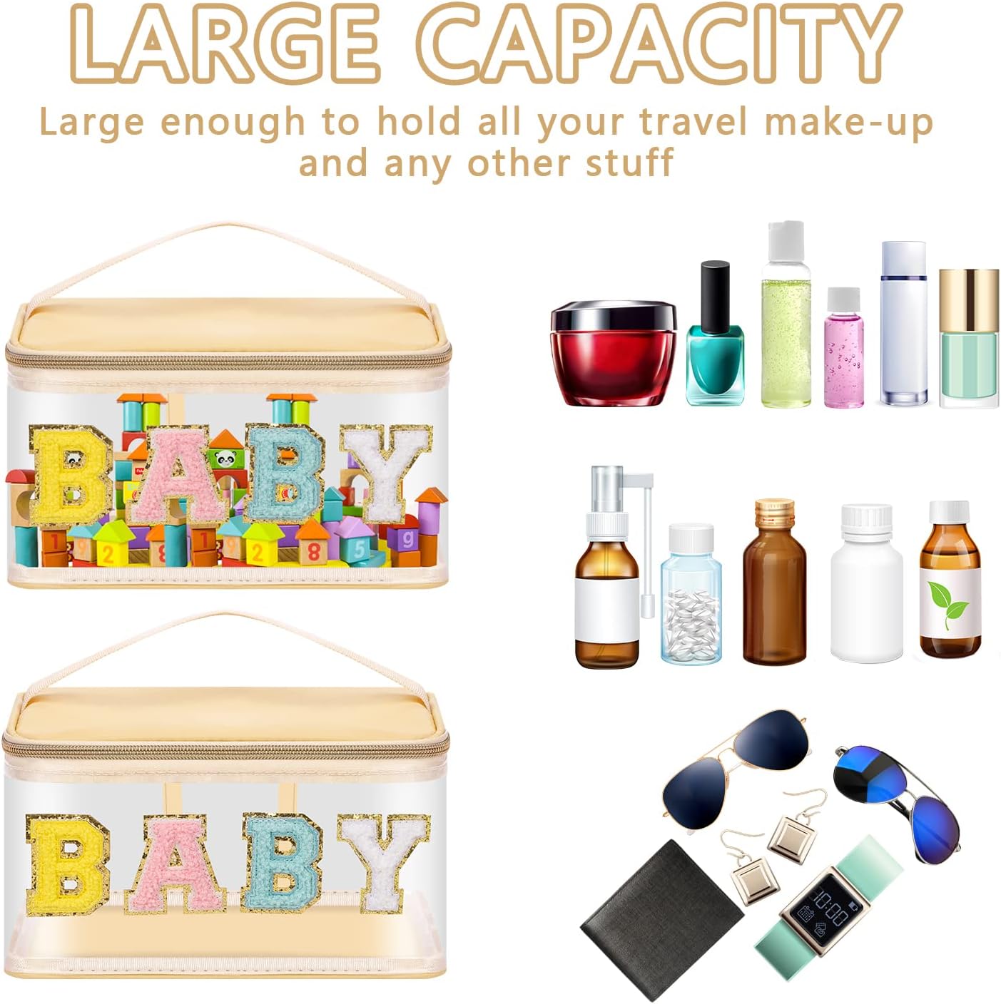 Iqimott Preppy Clear Makeup Bag Baby Pouch, Chenille Letter Cosmetic Bag for Women Girls, Nylon PVC Toiletry Storage Handbag, Travel Transparent Waterproof Zipper Pouch with Handle(Baby, Beige) - Image 4