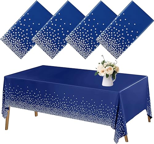 Miniatura 8 de Paquete de 2 manteles de plástico color azul marino, fundas de mesa para fiestas, patrón de confeti de puntos para mesas rectangulares, apto para