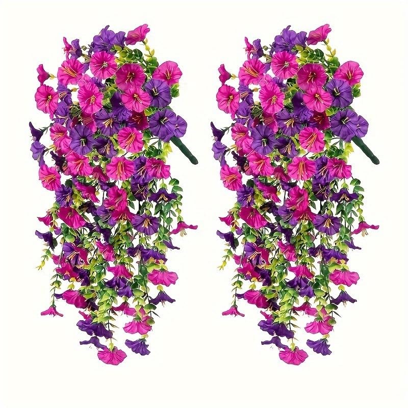Onmargeen 2pcs Eucalyptus Morning Glory Flowers Artificial Fake Silk Hanging Plants Basket Vine Home Decor