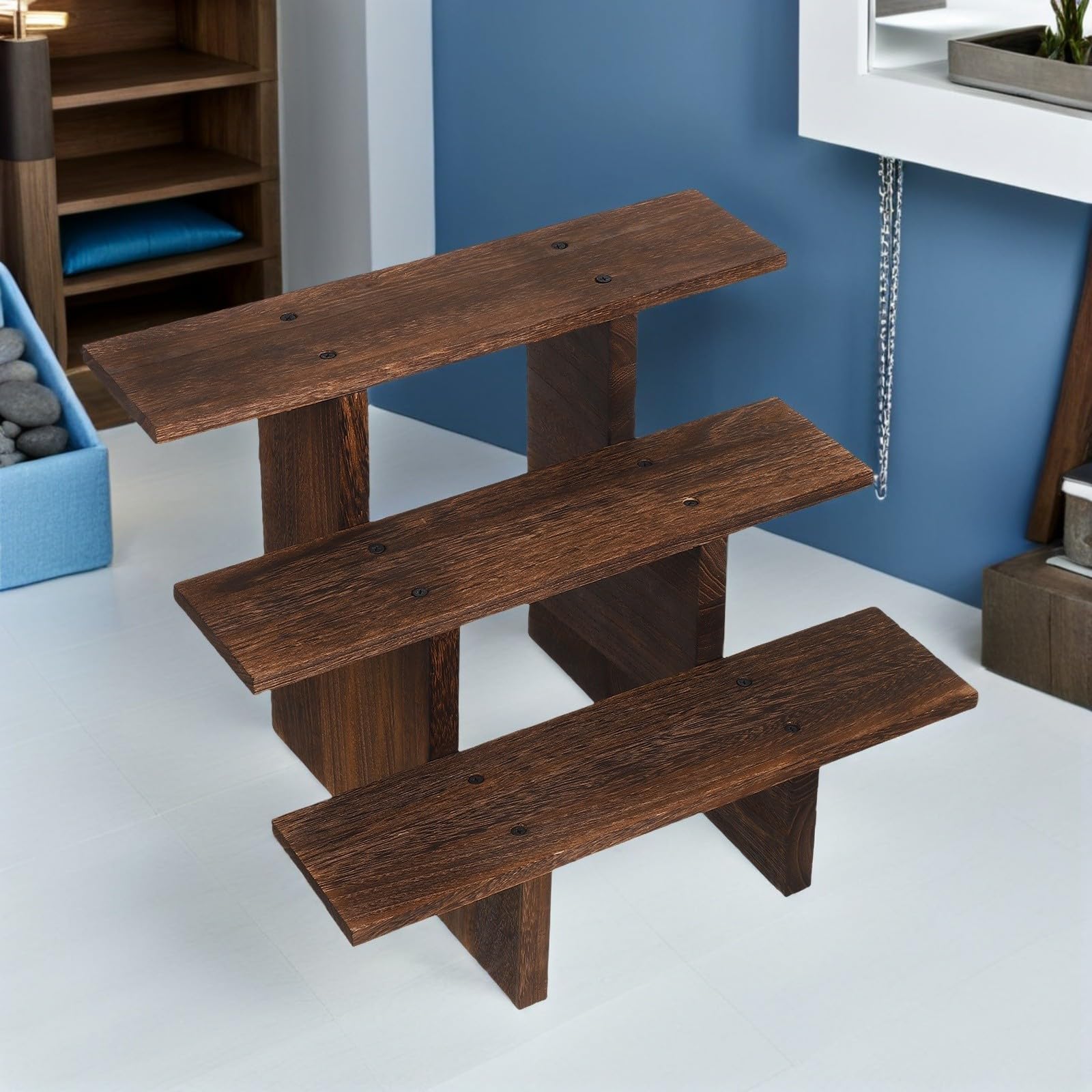 Holzständer Dreistufig 40cm, Kaffeefarben, für Schmuck und Sukkulenten