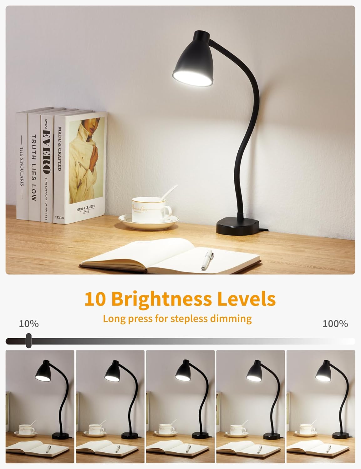 BOHON No Install Bedside Reading Light, Clip-Free Wall Mounted Lamp with 5 Colors & 10 Brightness Levels, Flexible Gooseneck, 30 Min Auto-Off Timer, Bed Lights for Headboard, Bedroom, Dorm (Black)