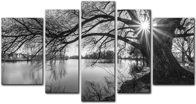5 Pieces Modern Canvas Painting Wall Art The Picture for Home Decoration Black and White Tree Silhouette in Sunrise Time Lake Landscape Print On Canvas Giclee Artwork for Wall Decor