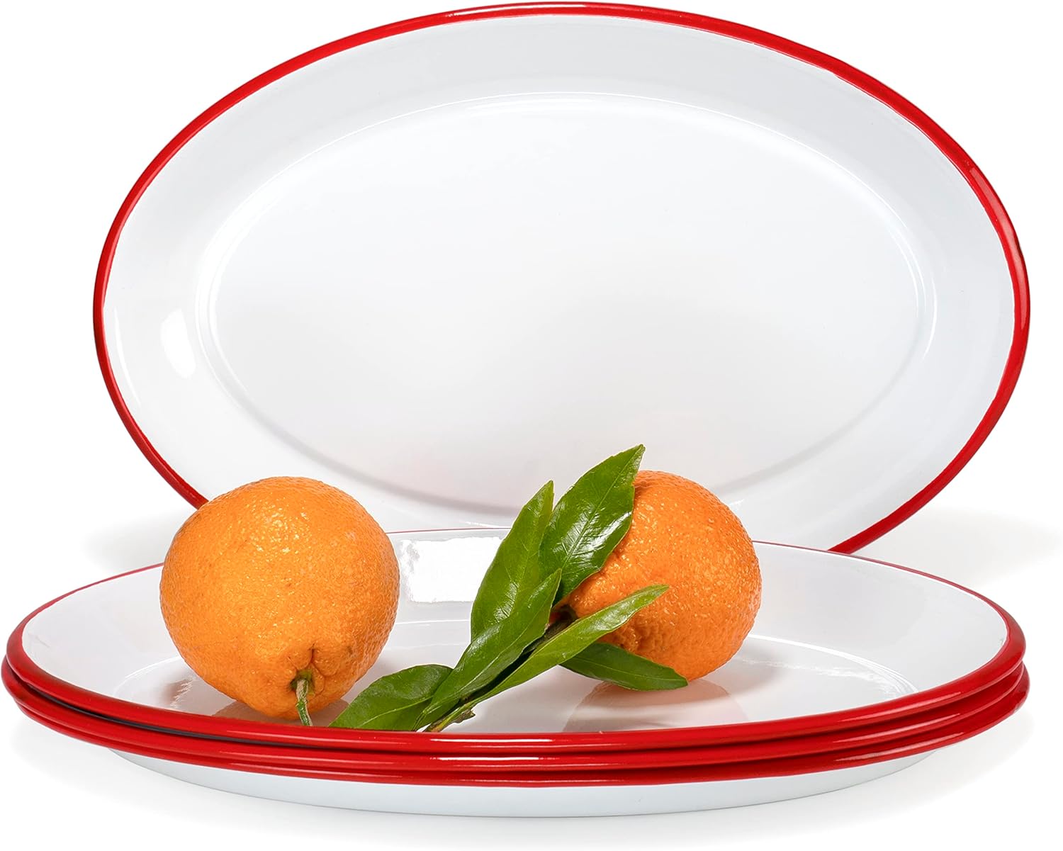 Red Co. Set of 4 Enamelware Metal Classic 13" Serving Oval Tray Platter, Solid White/Red Rim - Image 8