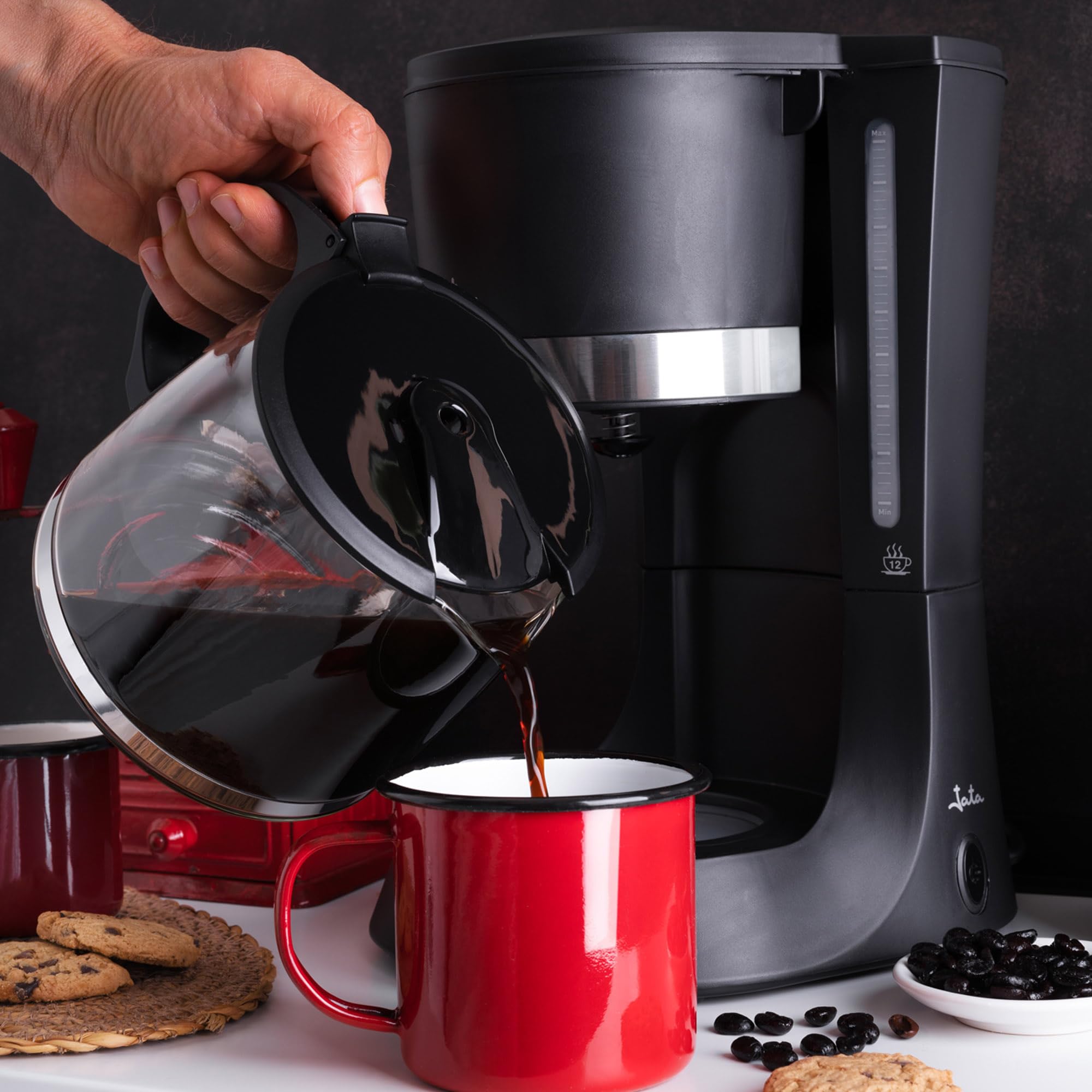Jata CA290 - Cafetera de Goteo 12 Tazas 1175 ml, Cafetera Americana con Filtro Permanente Reutilizable, Jarra de Cristal, Apagado Automático y Placa Calefactora
