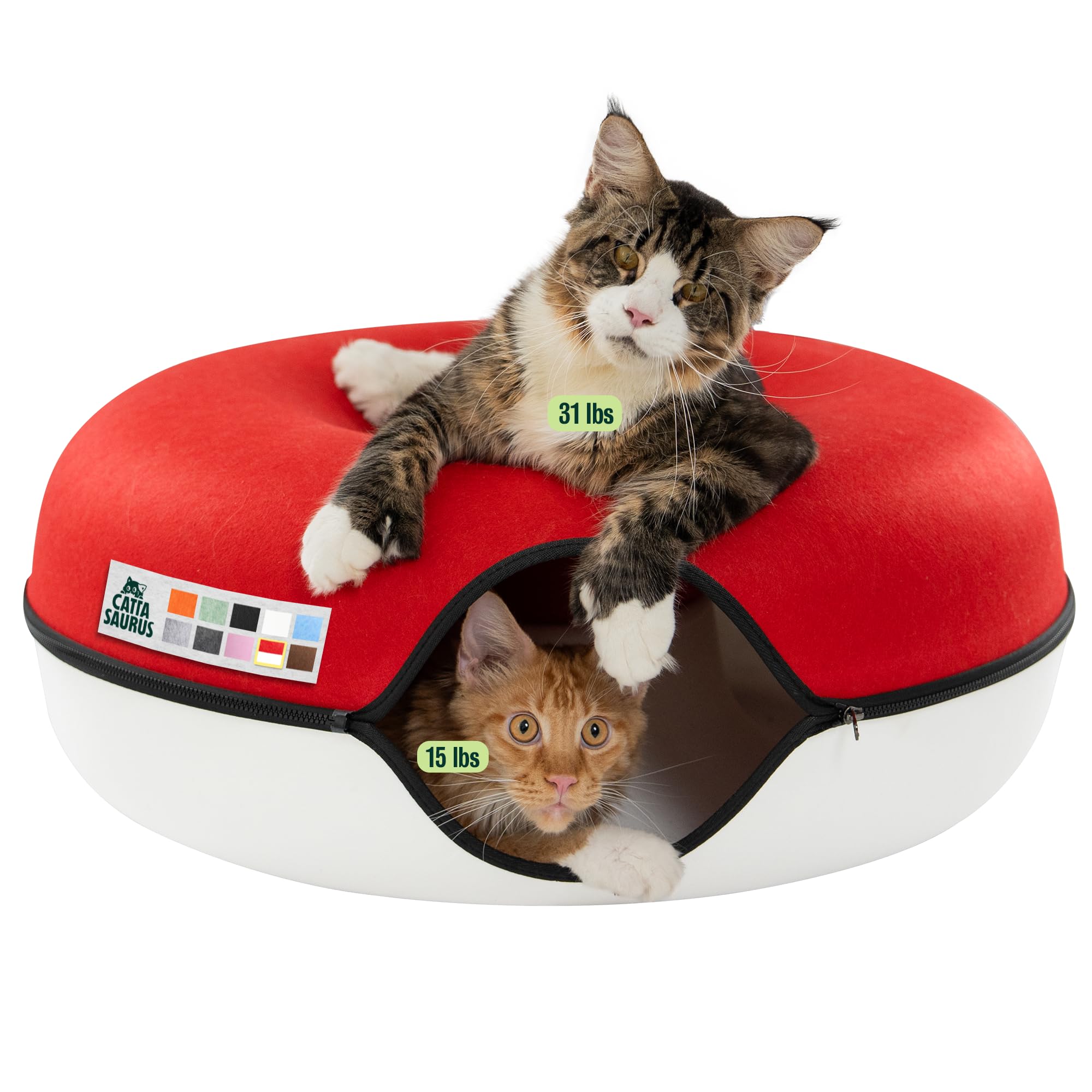 Cattasaurus Peekaboo Cat Cave, Extra Spacious for Multiple & Large Cats 12+ lbs, Scratch Detachable Cat Beds for Indoor Cats, Washable Tunnel Bed, Comfy Donut Tunnel (Ruby Snowball, Jumbo) โ image 1