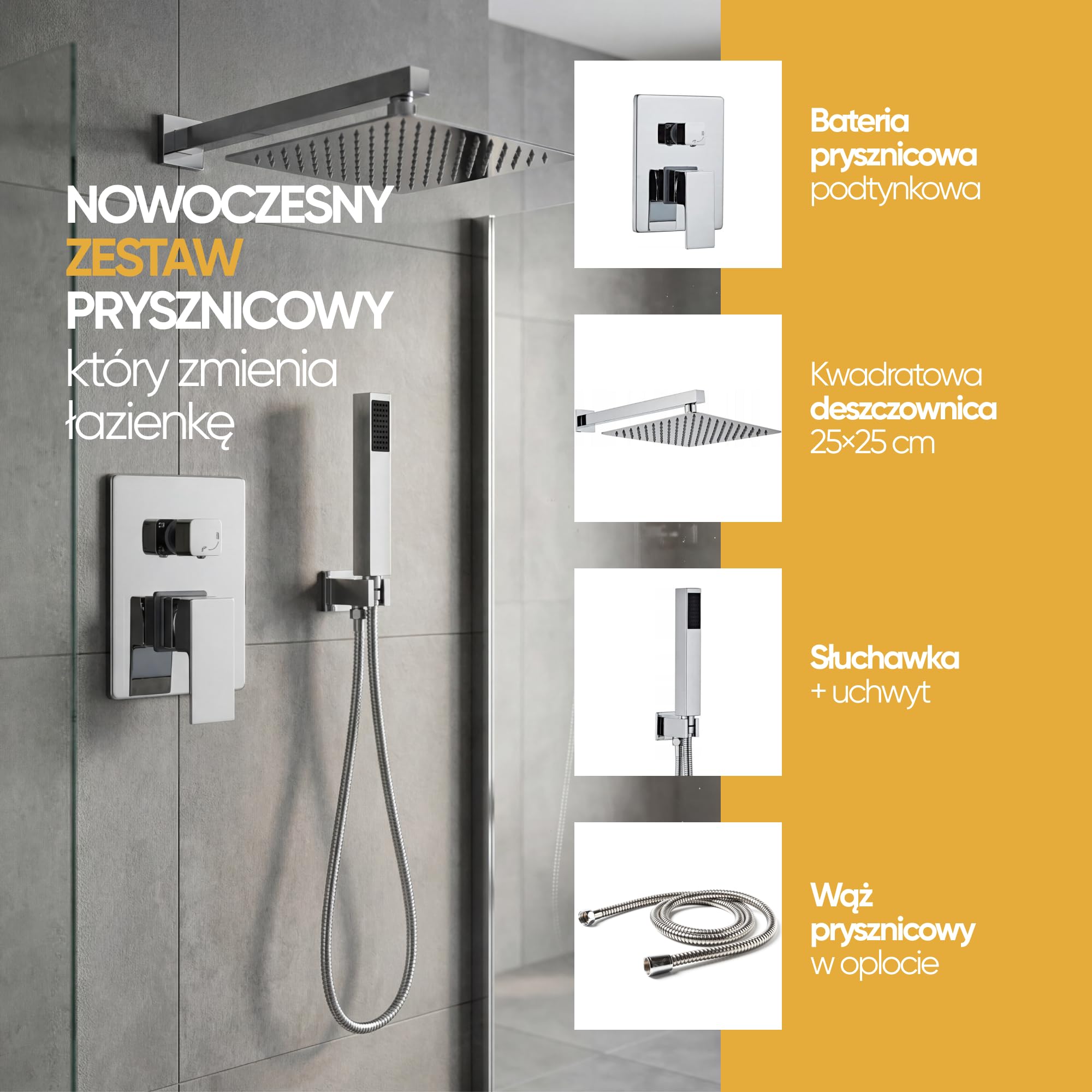 Granitan LUNA Drążek prysznicowy system prysznicowy: Deszczownica 25 cm, głowica prysznicowa z wężem i baterią mieszającą - nowoczesny zestaw prysznicowy - chrom - prostokątny