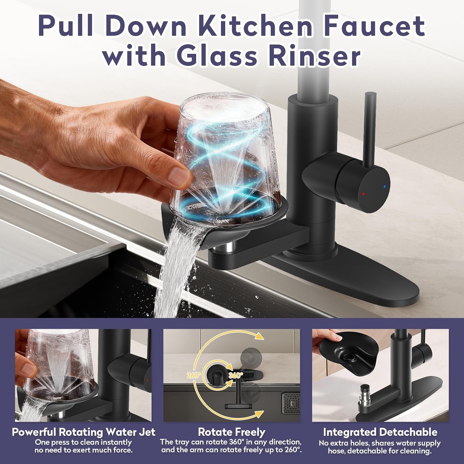 HOWUWEY Kitchen Faucet with Pull Down Sprayer & Cup Washer, Glass Rinser Faucet for Kitchen Sink, Single Handle Waterfall 1 or 3 Hole Tap for Bar Sink Farmhouse Camper Laundry Rv (Black)