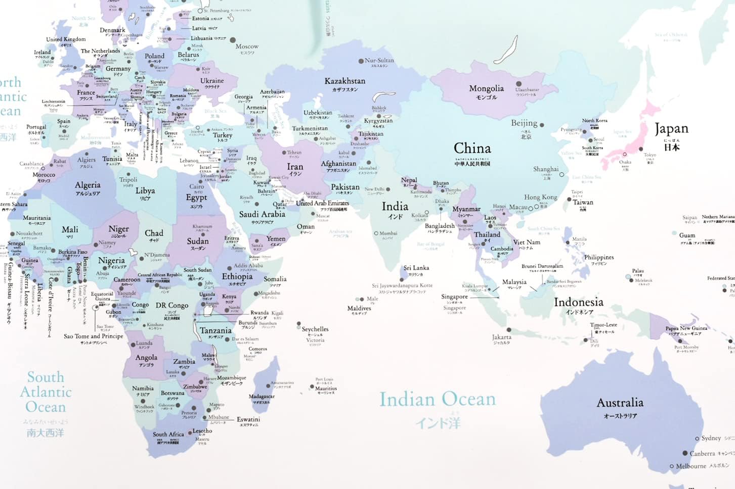 Amazon Co Jp 大人も子供も学べるパステル調 世界地図 ポスター A1サイズ 英語 日本語表記 室内用 知育 ソノリテ ホーム キッチン