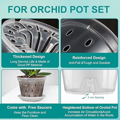Miniatura 2 de Paquete de 4 macetas de orquídeas de 6.8 pulgadas con agujeros y platillos, macetas de orquídeas ranuradas transpirables para trasplantar, maceta de
